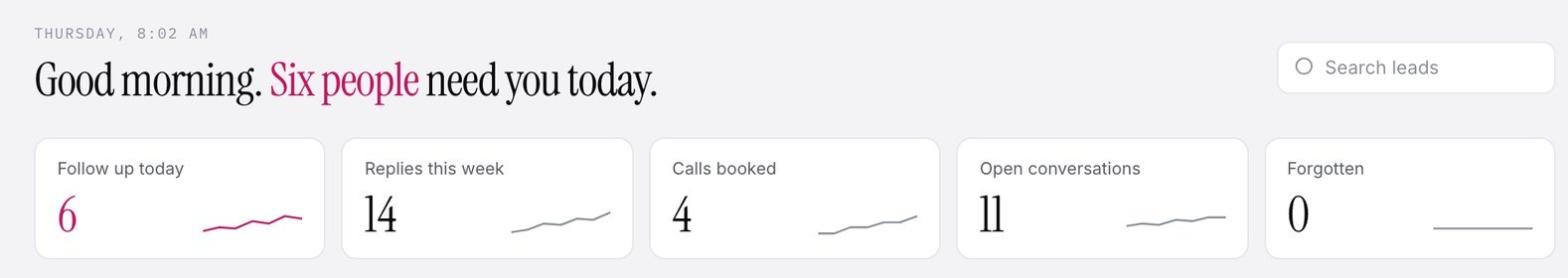 Sample dashboard header showing six people to follow up with today